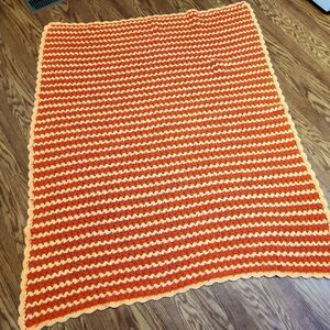 Afgan Throw Blanket Handmade Crochet Knit 60” x 46”  Large Yellow Orange Brown